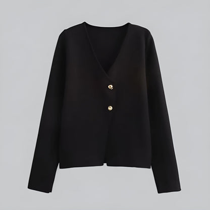 Women's V-neck button front knit cardigan with long sleeves and short hem