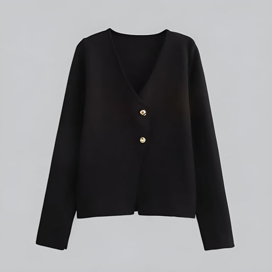 Women's V-neck button front knit cardigan with long sleeves and short hem
