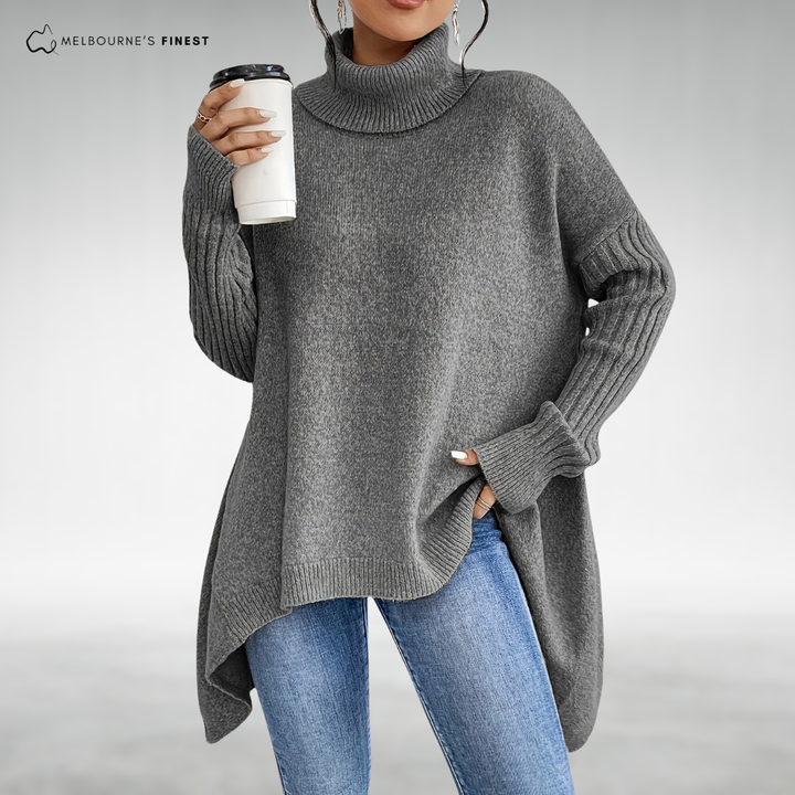 Women's longline turtleneck sweater with ribbed cuffs