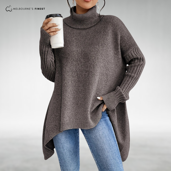 Women's longline turtleneck sweater with ribbed cuffs