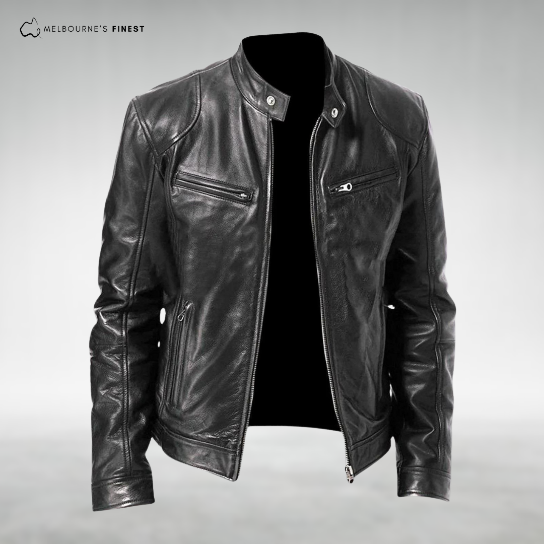Men's stand collar zip front jacket with long sleeves and multiple zipped pockets