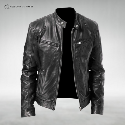 Men's stand collar zip front jacket with long sleeves and multiple zipped pockets
