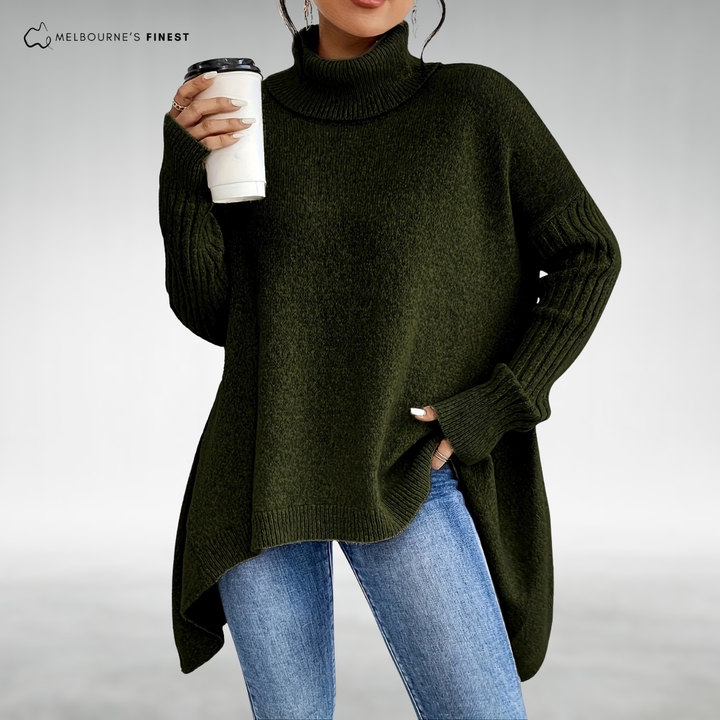 Women's longline turtleneck sweater with ribbed cuffs