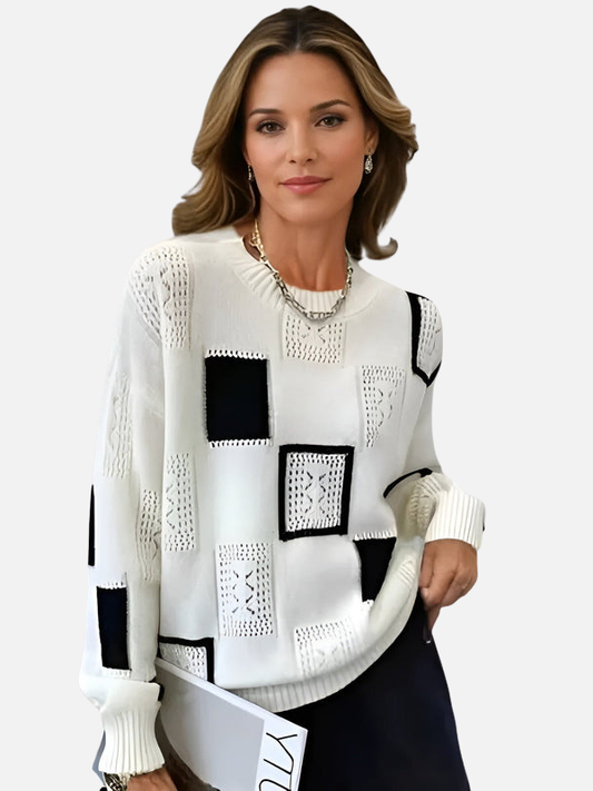 Pull femme patchwork géométrique en maille, col rond, manches longues