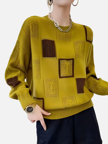 Women's geometric patchwork knit jumper with crew neck and long sleeves