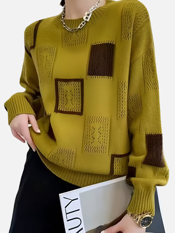 Women's geometric patchwork knit jumper with crew neck and long sleeves
