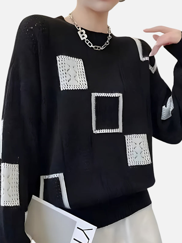 Women's geometric patchwork knit jumper with crew neck and long sleeves