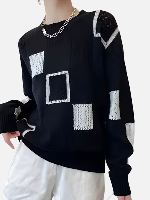 Women's geometric patchwork knit jumper with crew neck and long sleeves