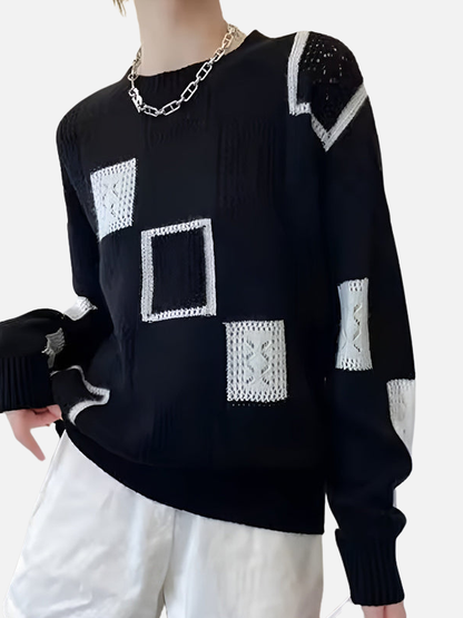 Women's geometric patchwork knit jumper with crew neck and long sleeves