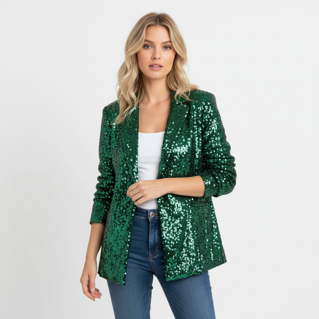 Women's long-sleeve sequin blazer with notch lapel and open front