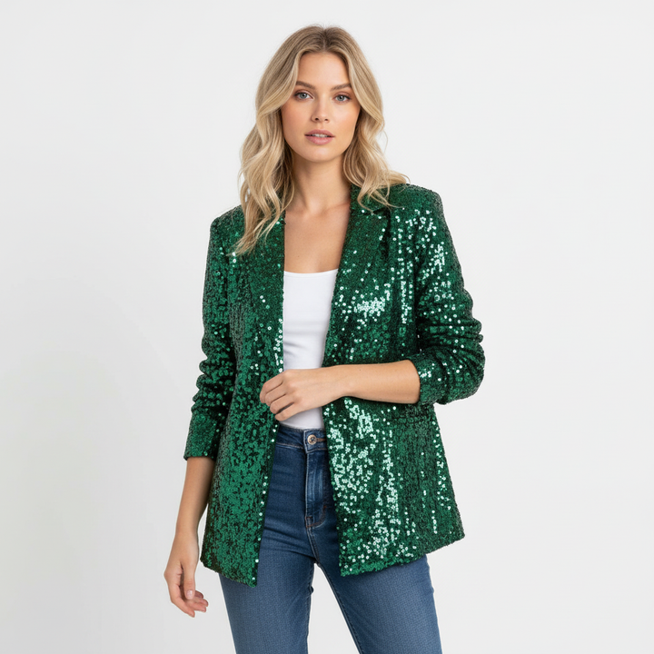 Women's long-sleeve sequin blazer with notch lapel and open front