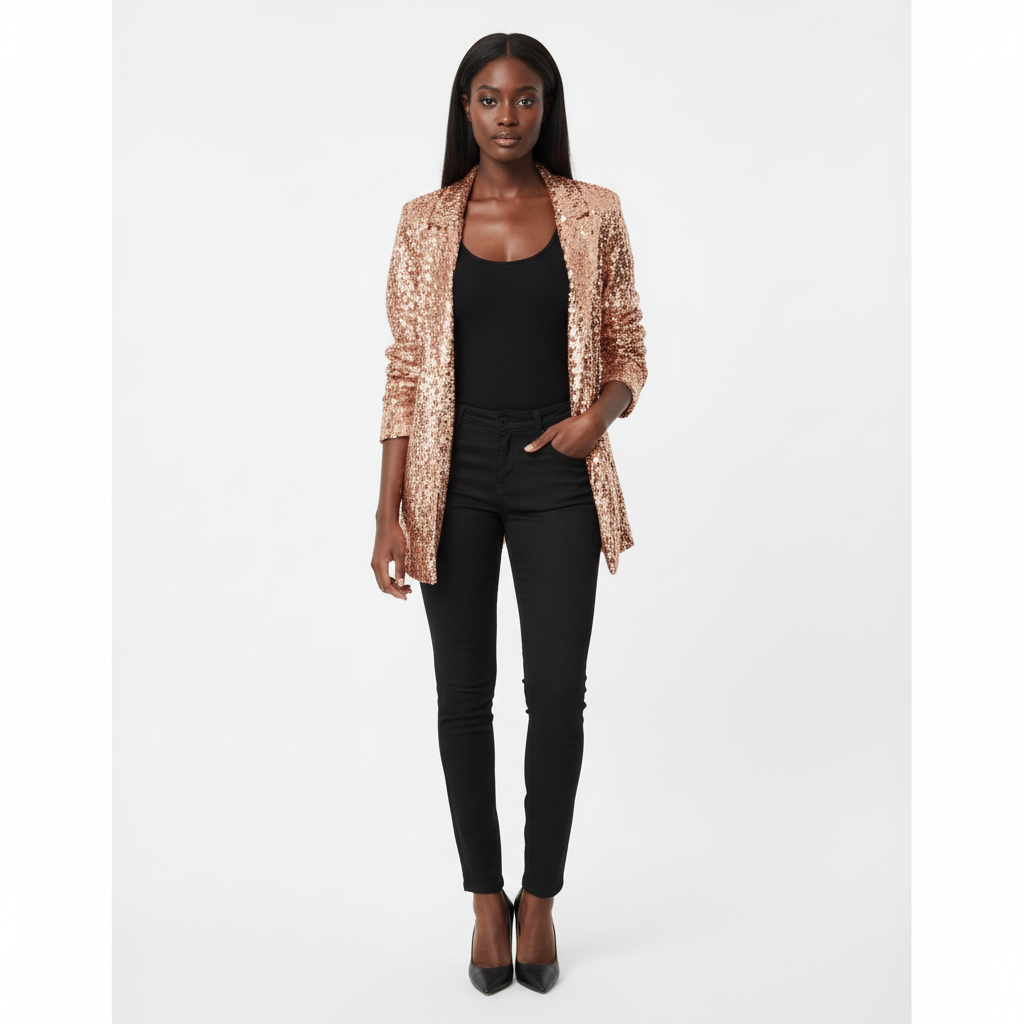 Women's long-sleeve sequin blazer with notch lapel and open front