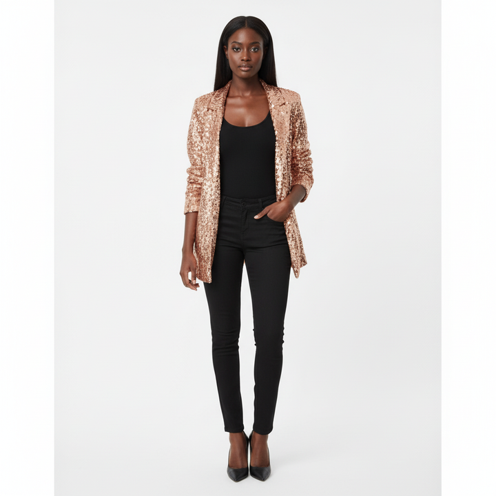 Women's long-sleeve sequin blazer with notch lapel and open front