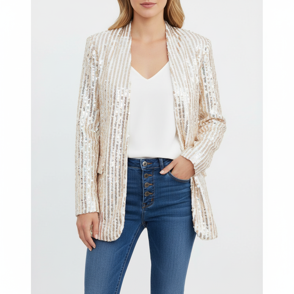 Women's long-sleeve sequin blazer with notch lapel and open front