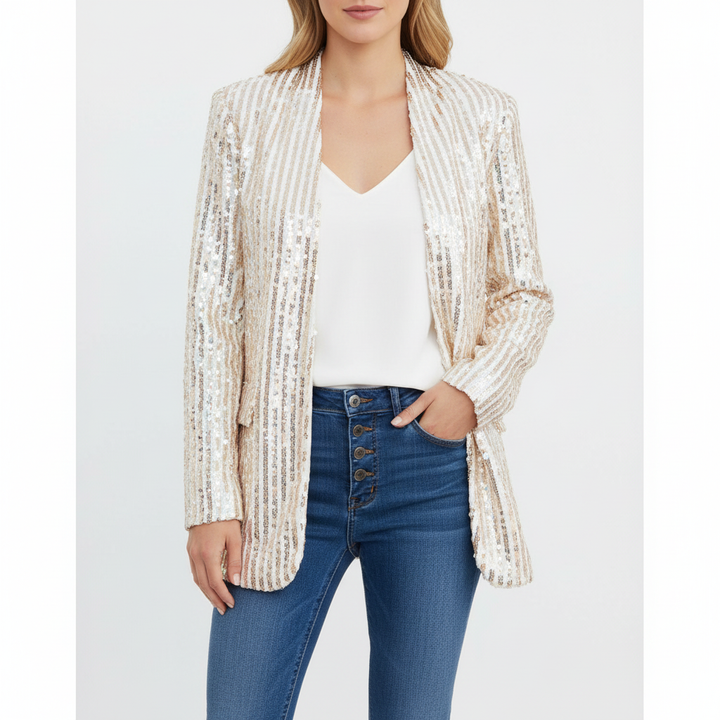Women's long-sleeve sequin blazer with notch lapel and open front