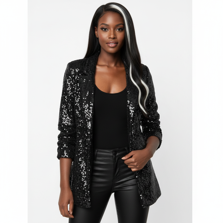 Women's long-sleeve sequin blazer with notch lapel and open front