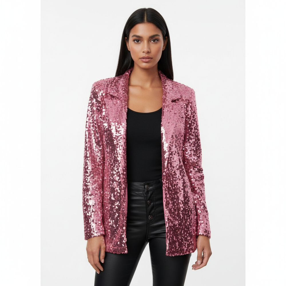 Women's long-sleeve sequin blazer with notch lapel and open front