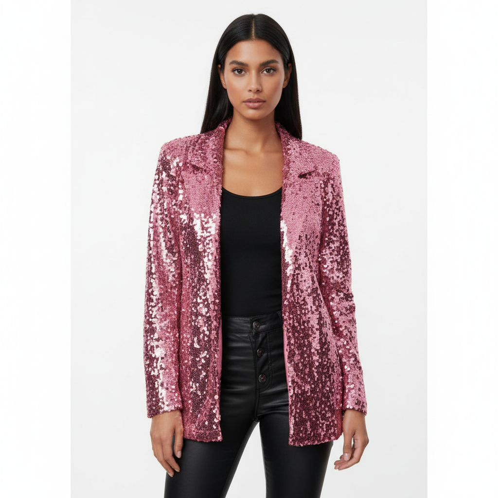 Women's long-sleeve sequin blazer with notch lapel and open front