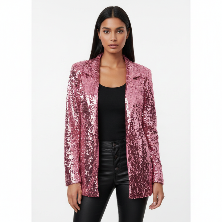 Women's long-sleeve sequin blazer with notch lapel and open front