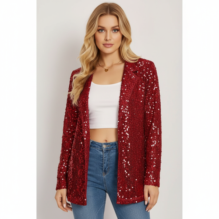 Women's long-sleeve sequin blazer with notch lapel and open front