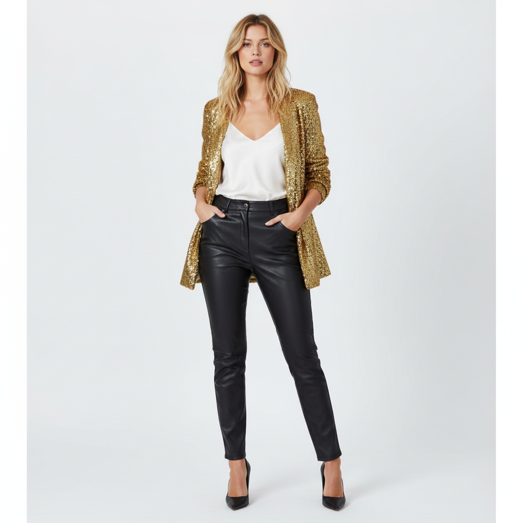 Women's long-sleeve sequin blazer with notch lapel and open front