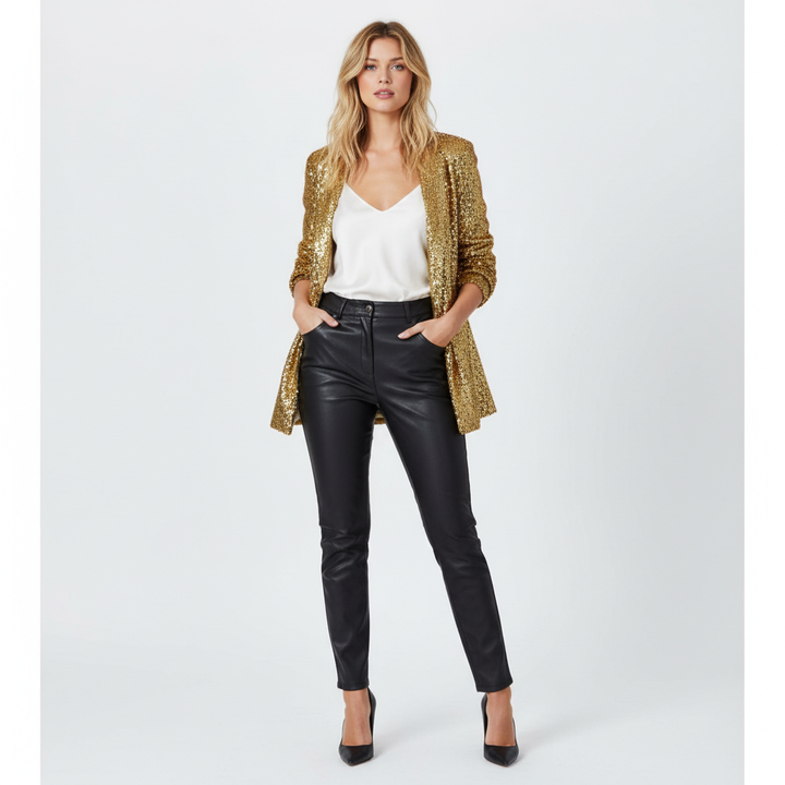 Women's long-sleeve sequin blazer with notch lapel and open front