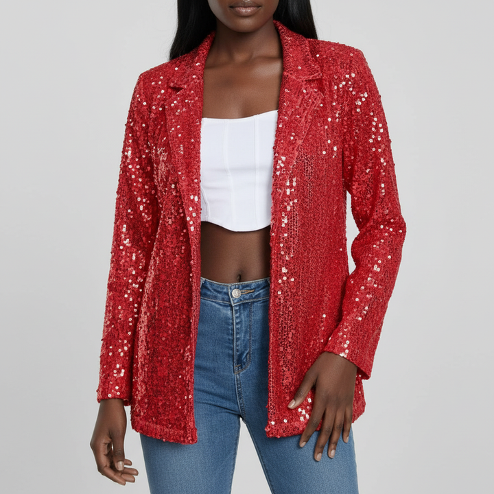 Women's long-sleeve sequin blazer with notch lapel and open front