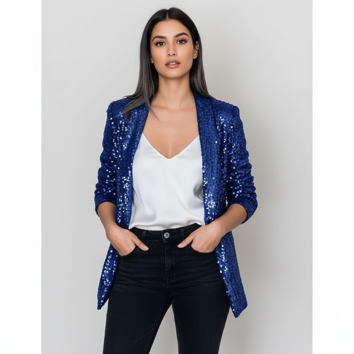 Women's long-sleeve sequin blazer with notch lapel and open front