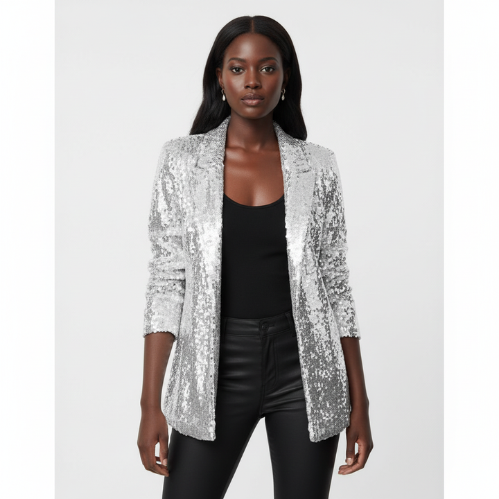 Women's long-sleeve sequin blazer with notch lapel and open front
