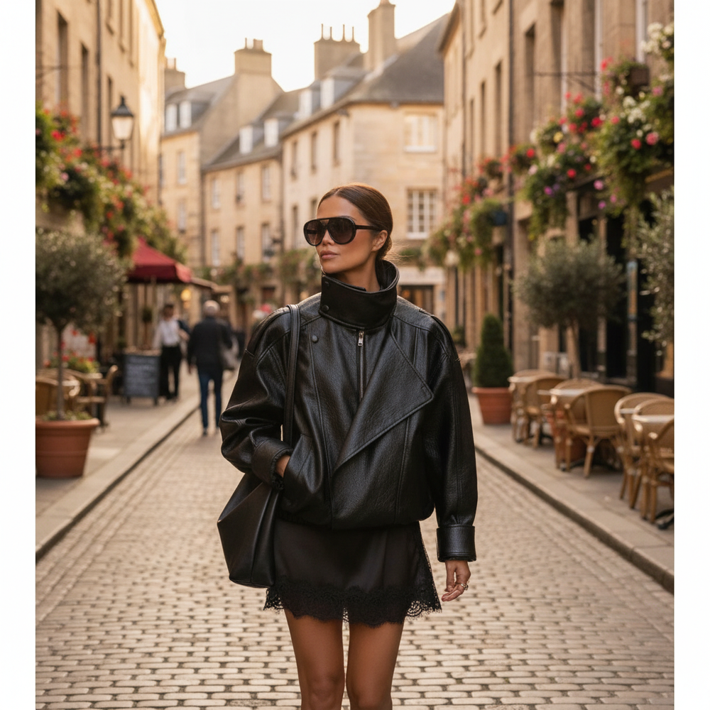 Women's black cropped biker jacket with high collar and asymmetric zip