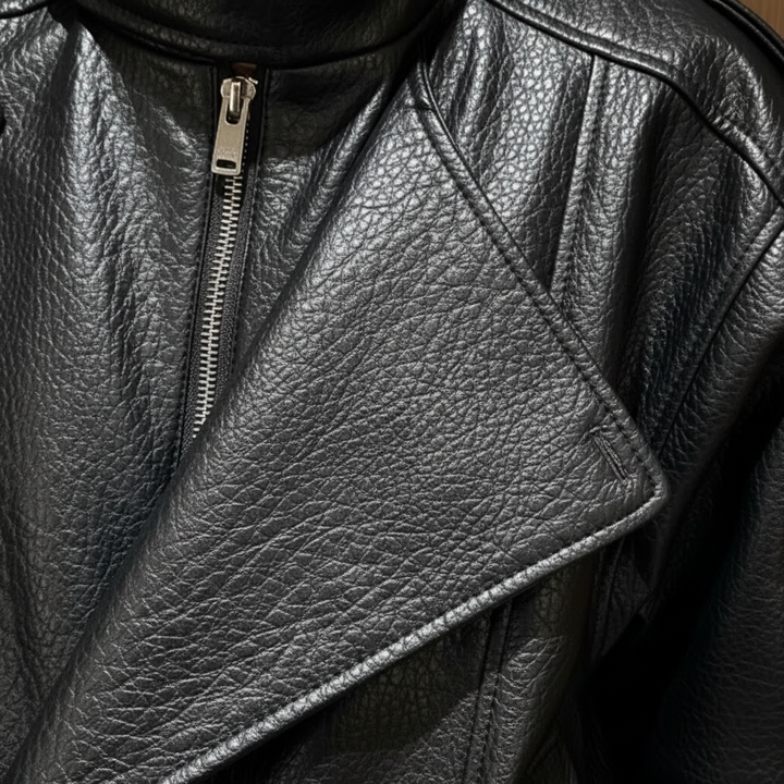 Women's black cropped biker jacket with high collar and asymmetric zip