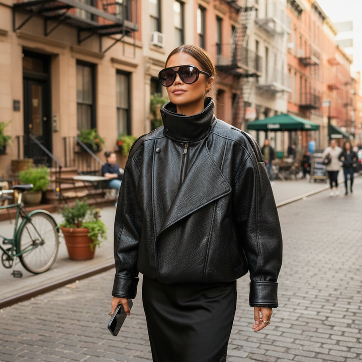 Women's black cropped biker jacket with high collar and asymmetric zip