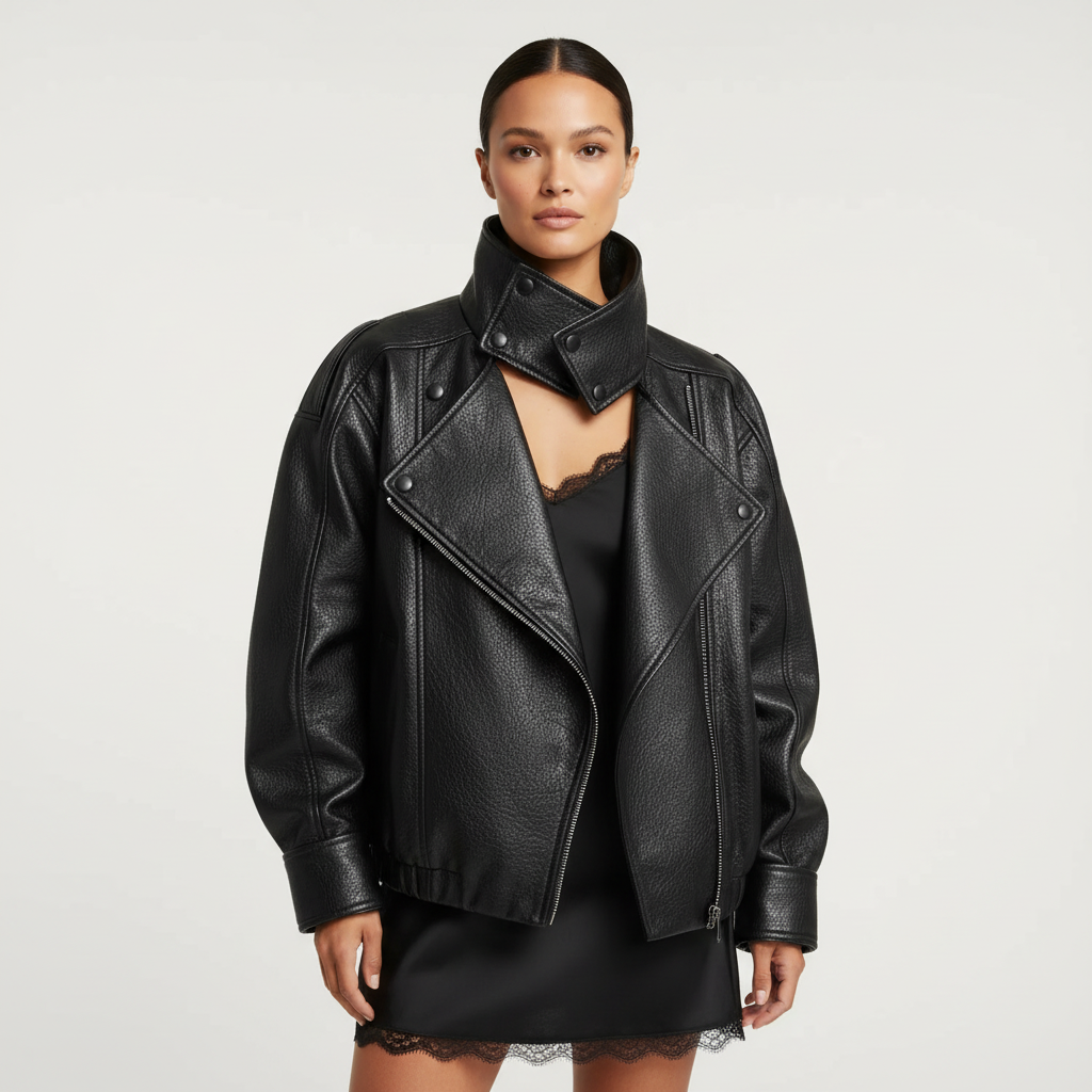 Women's black cropped biker jacket with high collar and asymmetric zip