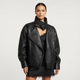 Women's black cropped biker jacket with high collar and asymmetric zip