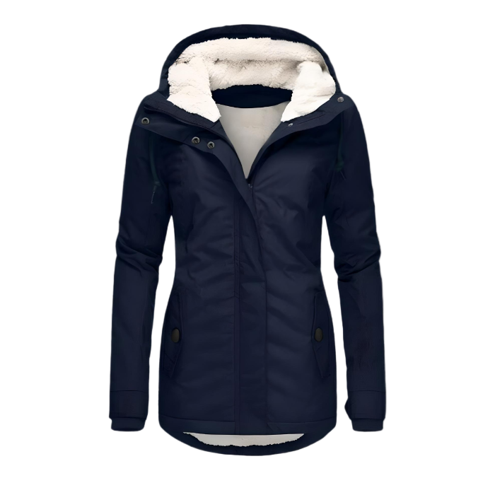Women's long hooded coat with plush trim, zip front and flap pockets