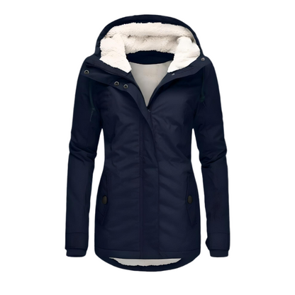 Women's long hooded coat with plush trim, zip front and flap pockets
