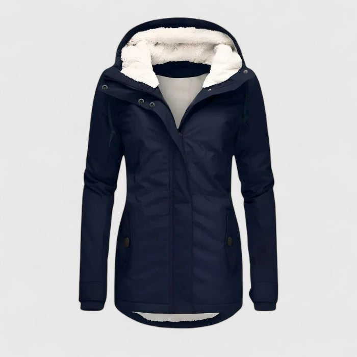 Women's hooded fleece-lined parka jacket with long sleeves and zip front