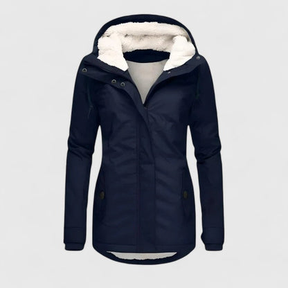 Women's hooded fleece-lined parka jacket with long sleeves and zip front