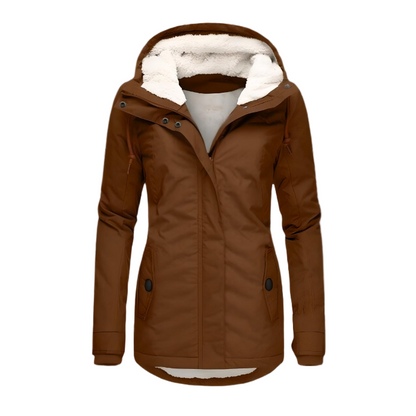 Women's long hooded coat with plush trim, zip front and flap pockets