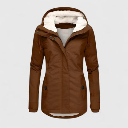 Women's hooded fleece-lined parka jacket with long sleeves and zip front