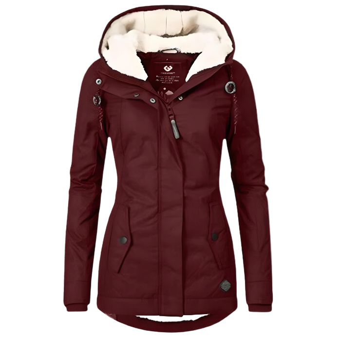 Women's long hooded coat with plush trim, zip front and flap pockets