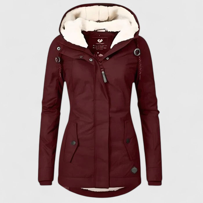 Women's hooded fleece-lined parka jacket with long sleeves and zip front