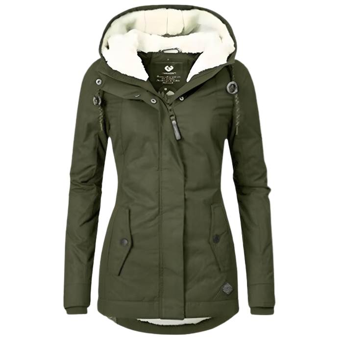 Women's long hooded coat with plush trim, zip front and flap pockets