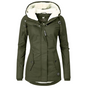 Women's long hooded coat with plush trim, zip front and flap pockets
