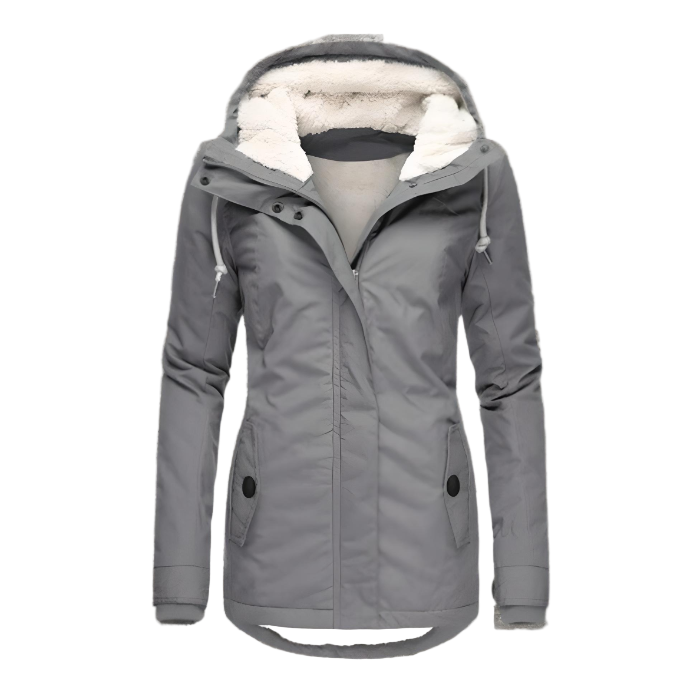 Women's long hooded coat with plush trim, zip front and flap pockets