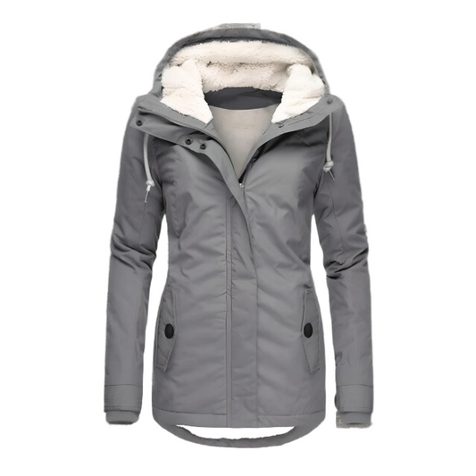 Women's long hooded coat with plush trim, zip front and flap pockets