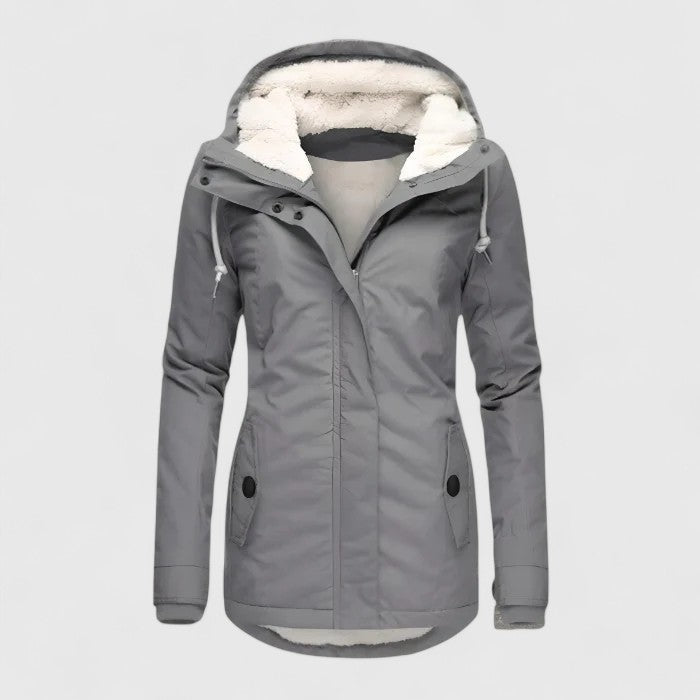 Women's hooded fleece-lined parka jacket with long sleeves and zip front