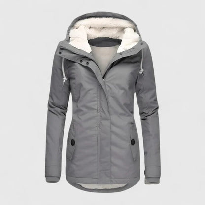 Women's hooded fleece-lined parka jacket with long sleeves and zip front