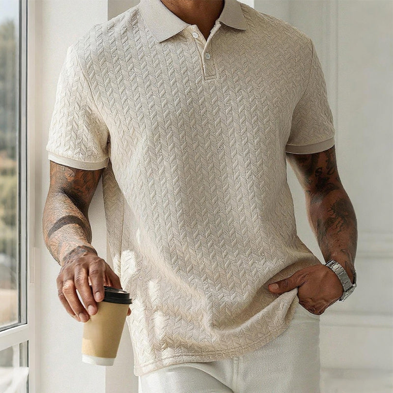 Men's short-sleeve textured polo shirt with fold-over collar and button placket