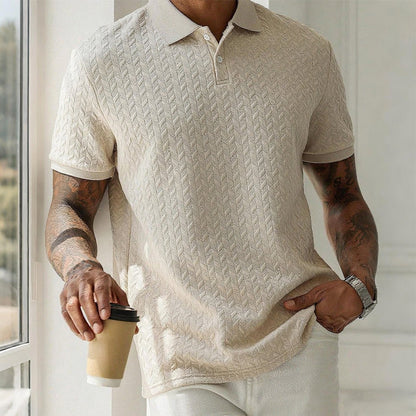 Men's short-sleeve textured polo shirt with fold-over collar and button placket